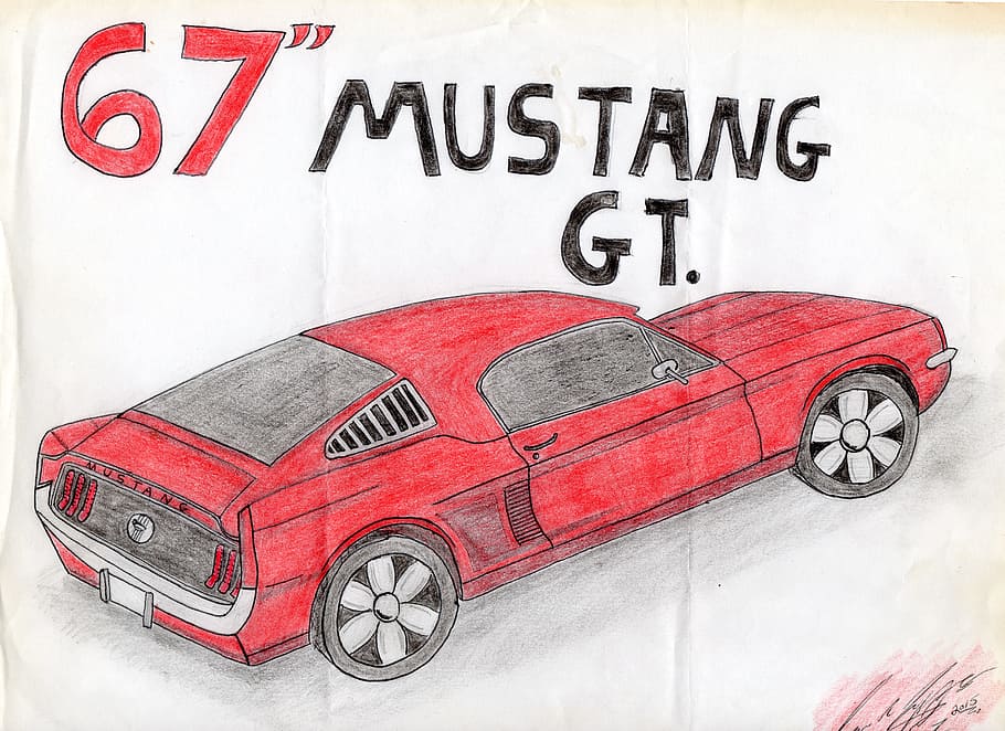 Drawing, Red, Car, Fast, Old, Art, 1967, Ford, Mustang, - Shelby Mustang - HD Wallpaper 