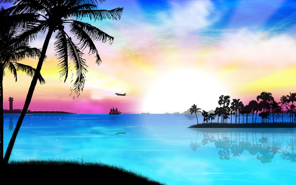 Sunset Tropical Island Beach - HD Wallpaper 