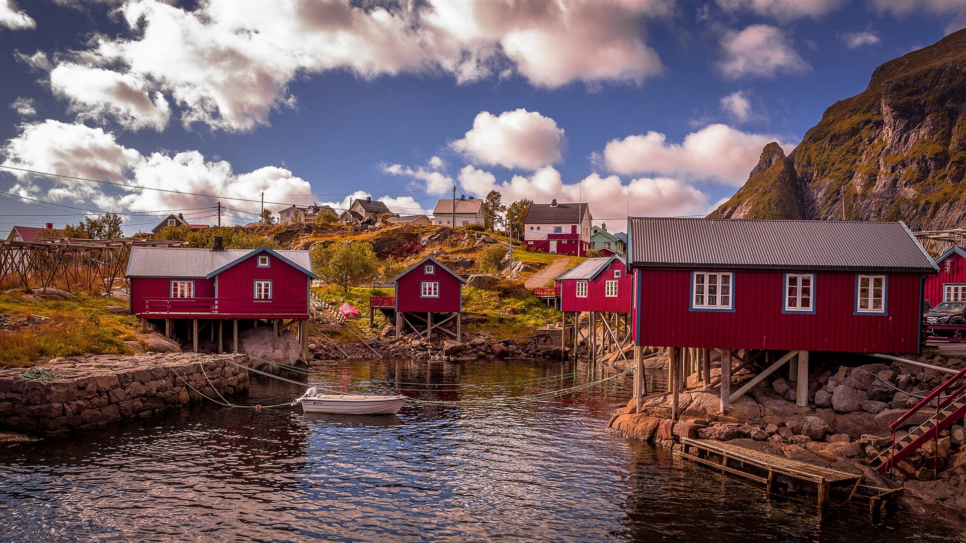 Wallpaper Norway, Bay, Red Wood Houses, Water, Clouds - Lofoten - HD Wallpaper 