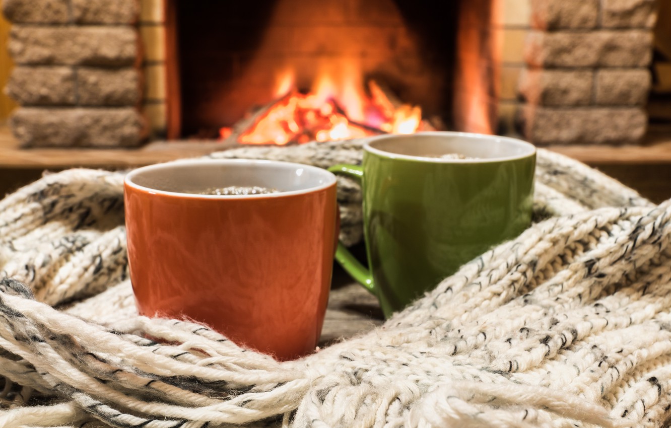 Photo Wallpaper Winter, Love, Fire, Scarf, Pair, Fireplace, - Камин И Две Чашки - HD Wallpaper 