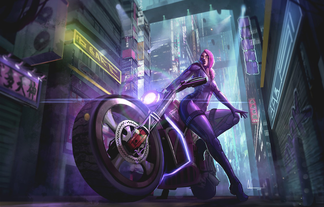 Photo Wallpaper Girl, Night, The City, Girl, Motorcycle, - Cyber Witch - HD Wallpaper 