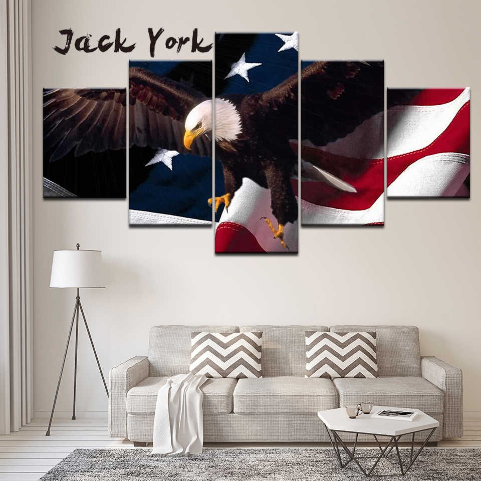 5panel Hd Printed American Flag And Bald Eagle Wall - Painting Board For Living Room - HD Wallpaper 