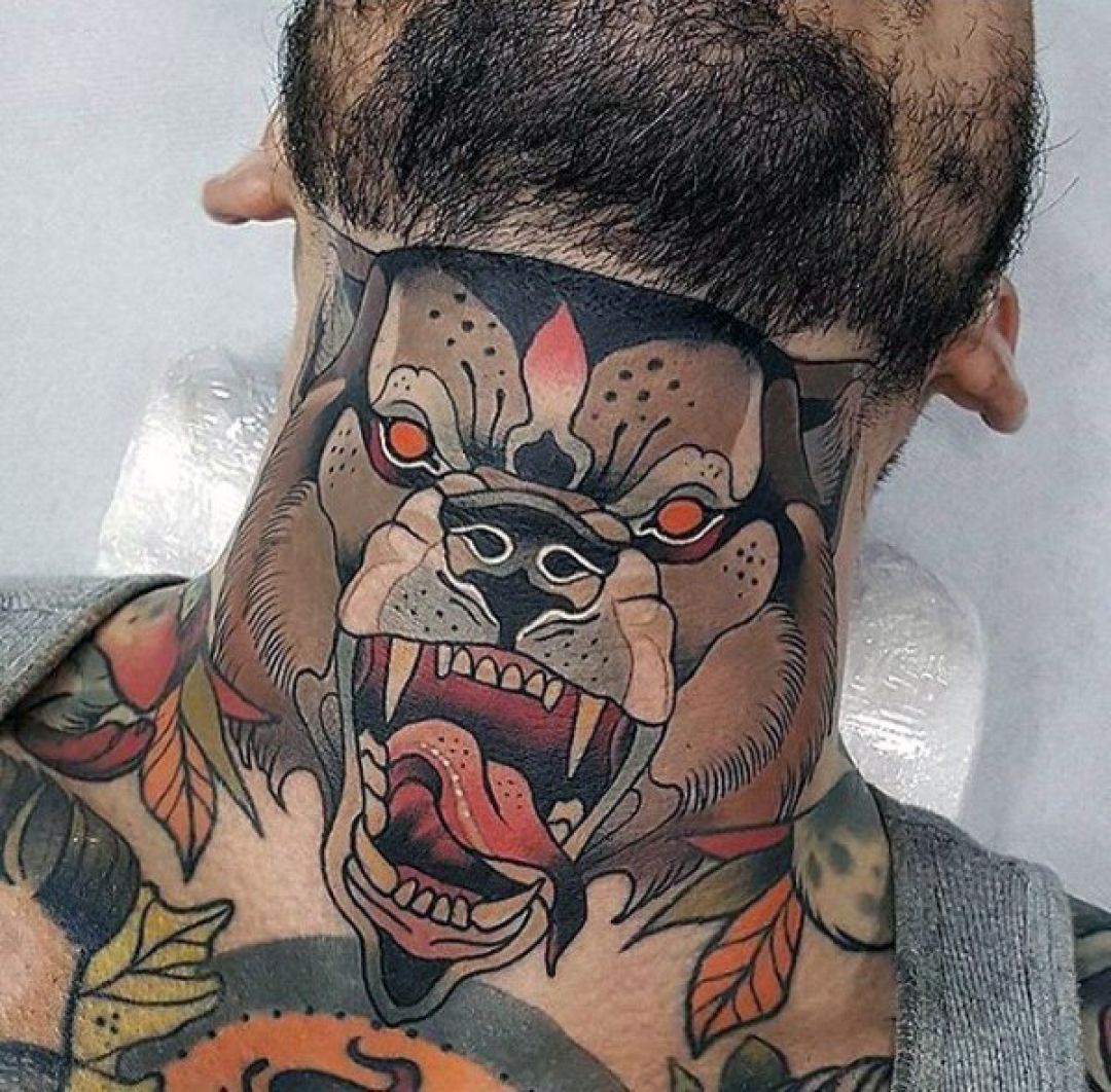 Traditional Evil Dog Neck, Face Tattoo Design - Neo Traditional Neck Tattoo - HD Wallpaper 