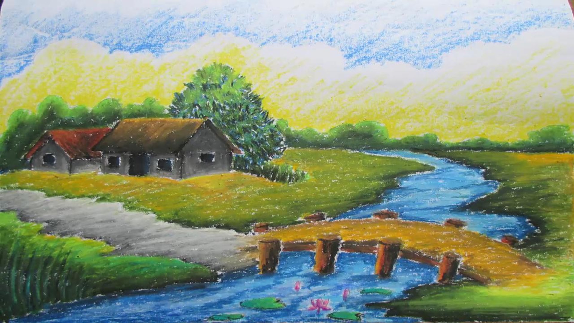 Landscape Oil Pastel Drawings - HD Wallpaper 