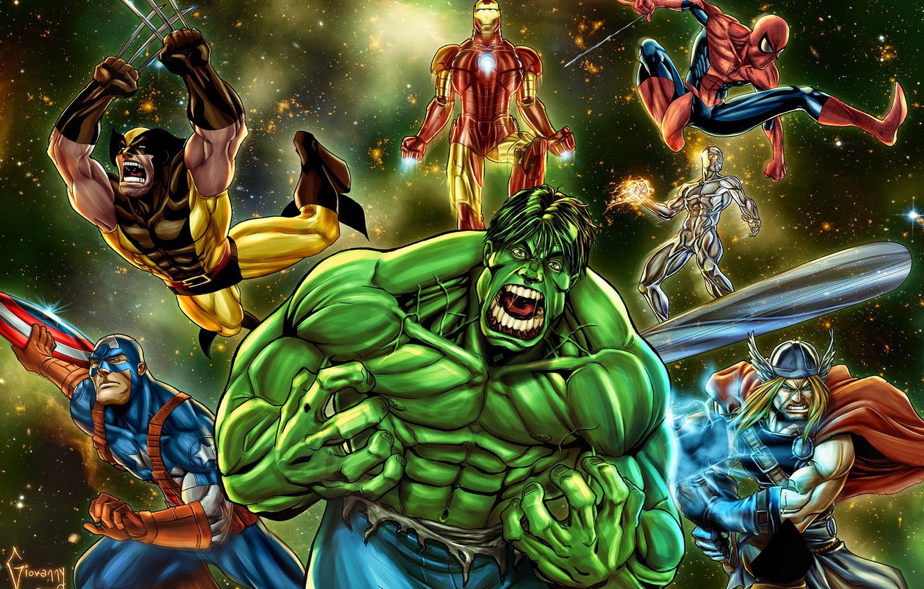 Photo Wallpaper Wolverine, Captain America, Thor, Hulk, - Spiderman Hulk Iron Man Captain America - HD Wallpaper 