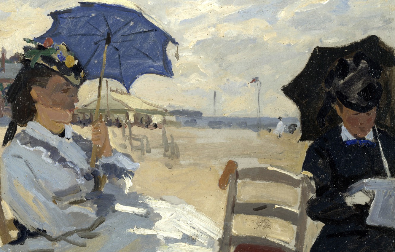 Photo Wallpaper Girls, Picture, Umbrella, Veil, Seascape, - Claude Monet The Beach At Trouville - HD Wallpaper 