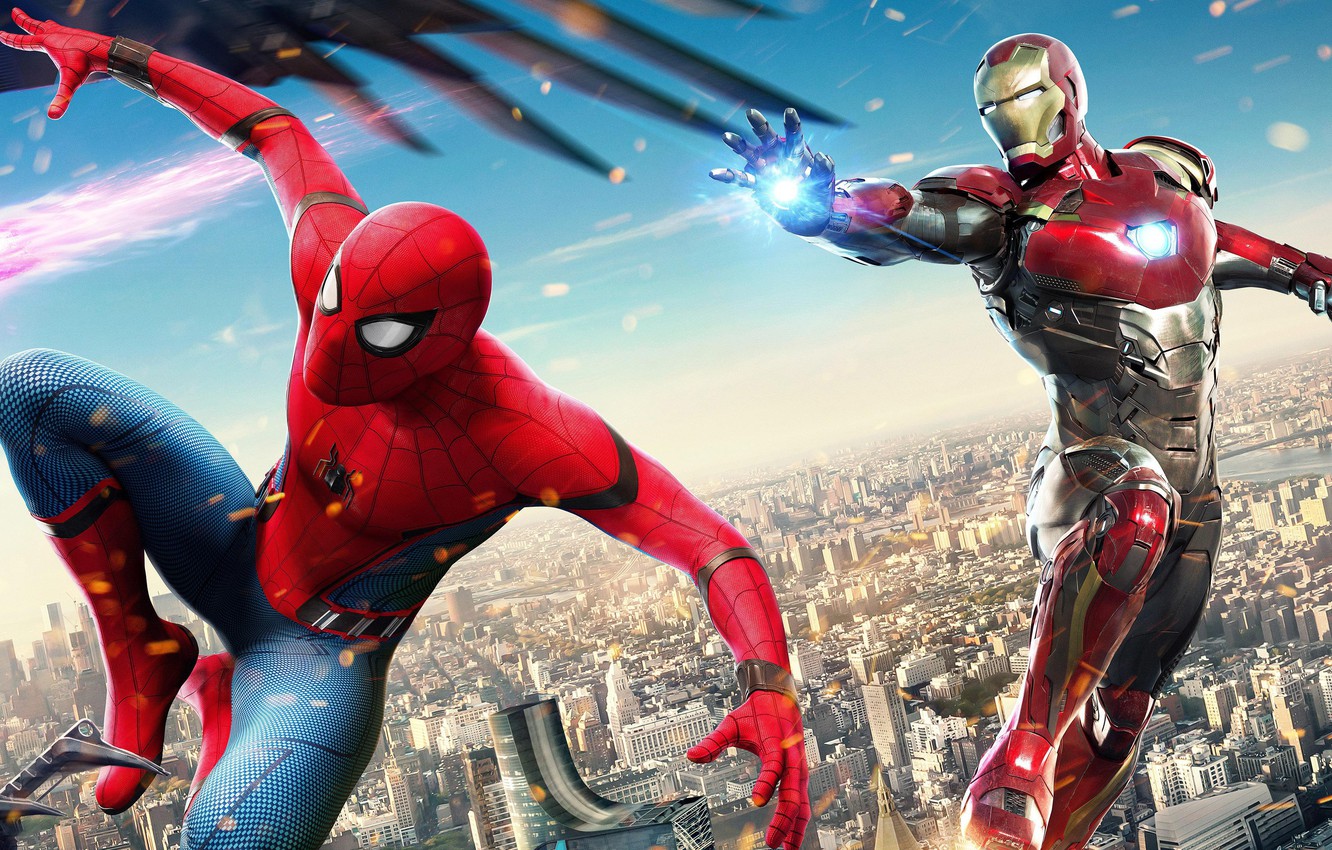 Photo Wallpaper City, Cinema, Spider, Armor, Iron Man, - Iron Man And Spiderman - HD Wallpaper 