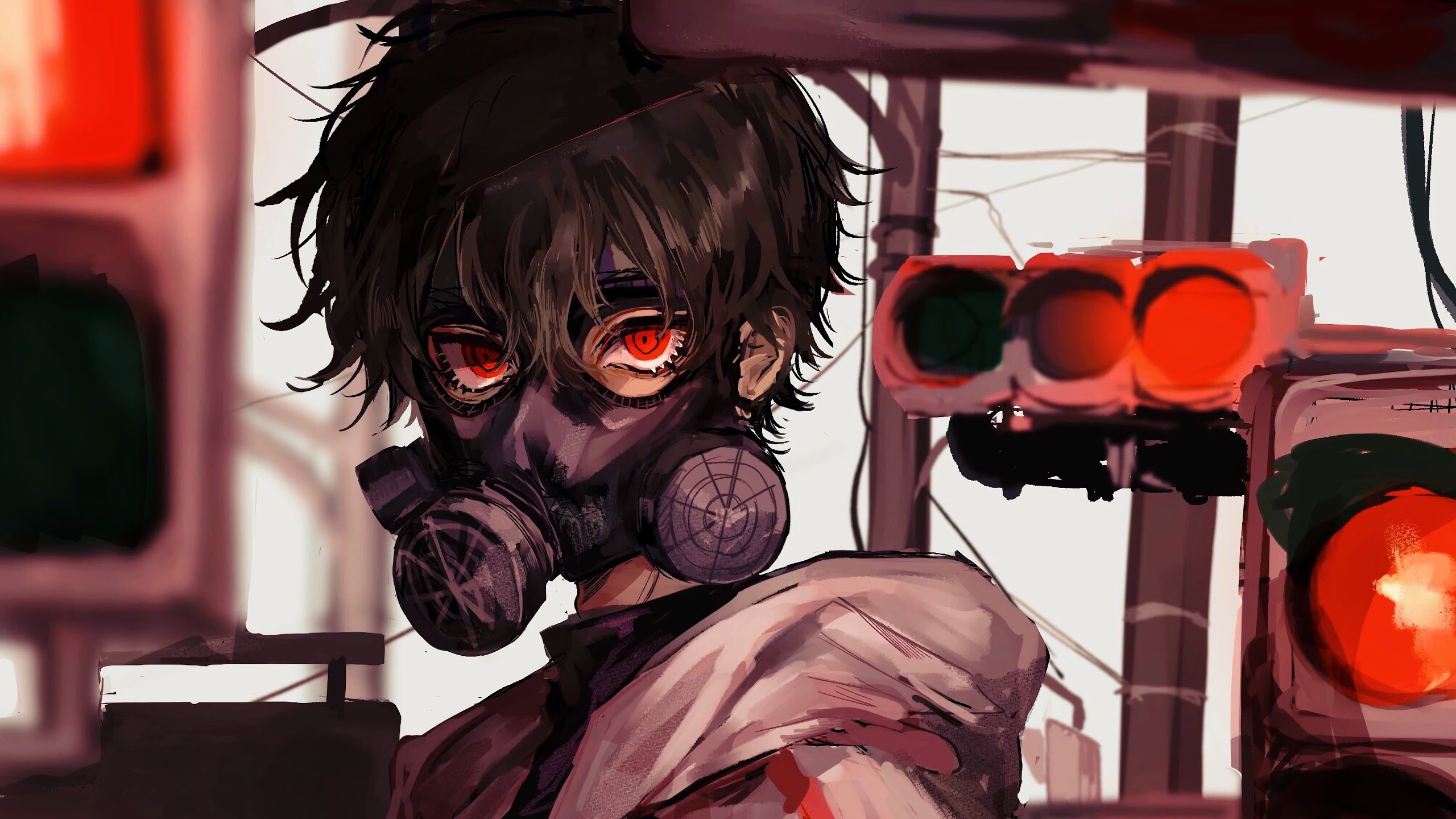 Anime, Gas Mask, Red Eye, 4k, 3840x2160, - Anime Boy Red Eyes - 2560x1440  Wallpaper 