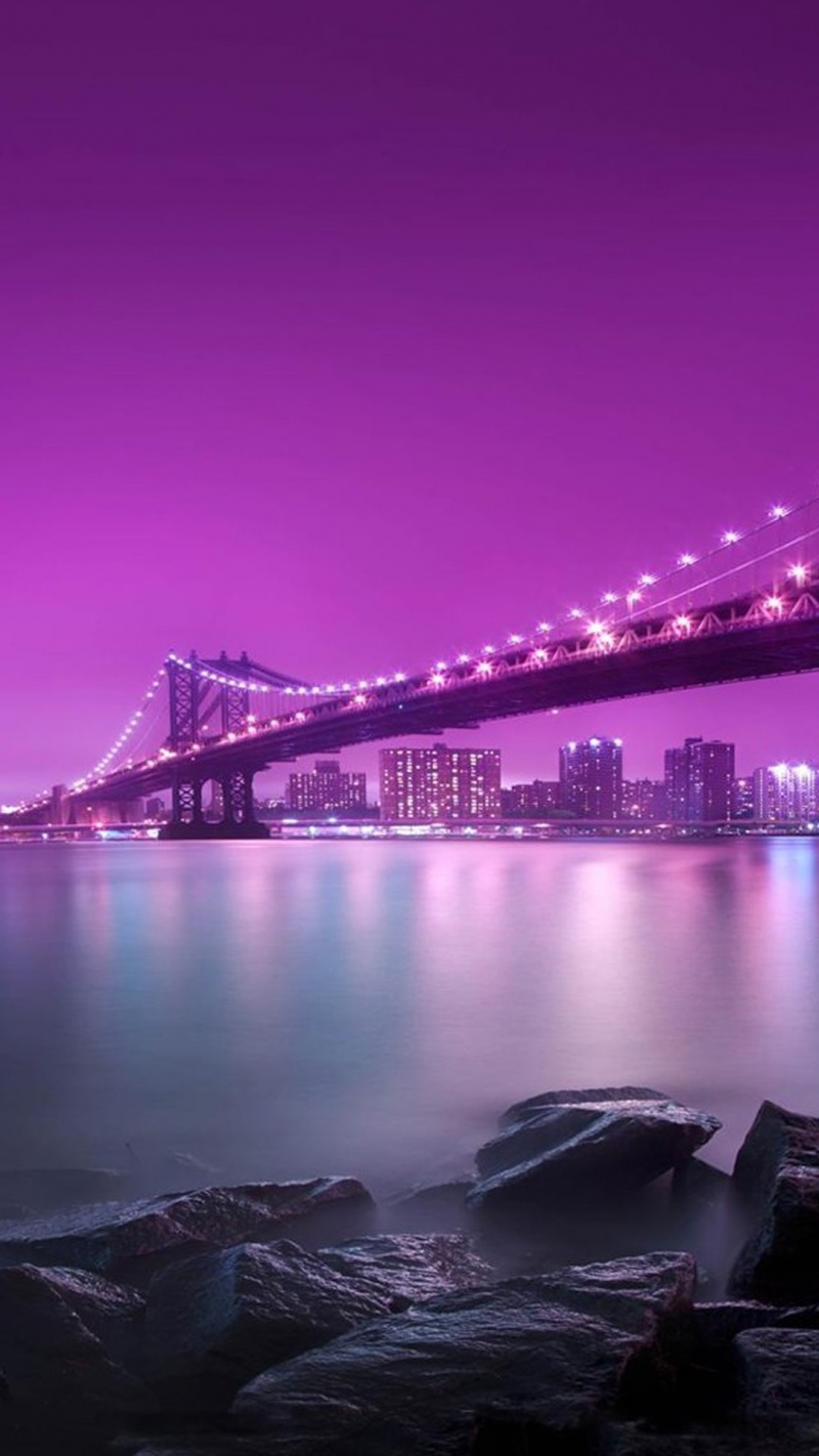 Fond D Écran Smartphone Pont Illuminé Nuit Mobile Brooklyn - Purple Backgrounds For Iphone - HD Wallpaper 