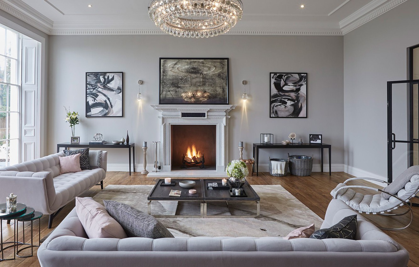 Photo Wallpaper Room, Interior, Fireplace, Living Room, - Gray Modern Living Room Decor - HD Wallpaper 