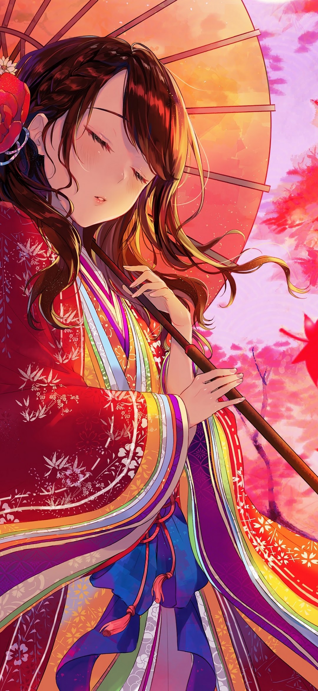 Anime, Girl, Kimono, Maple, Trees, Autumn, 4k, - Anime Wallpaper Redmi Note  8 - 1080x2340 Wallpaper 