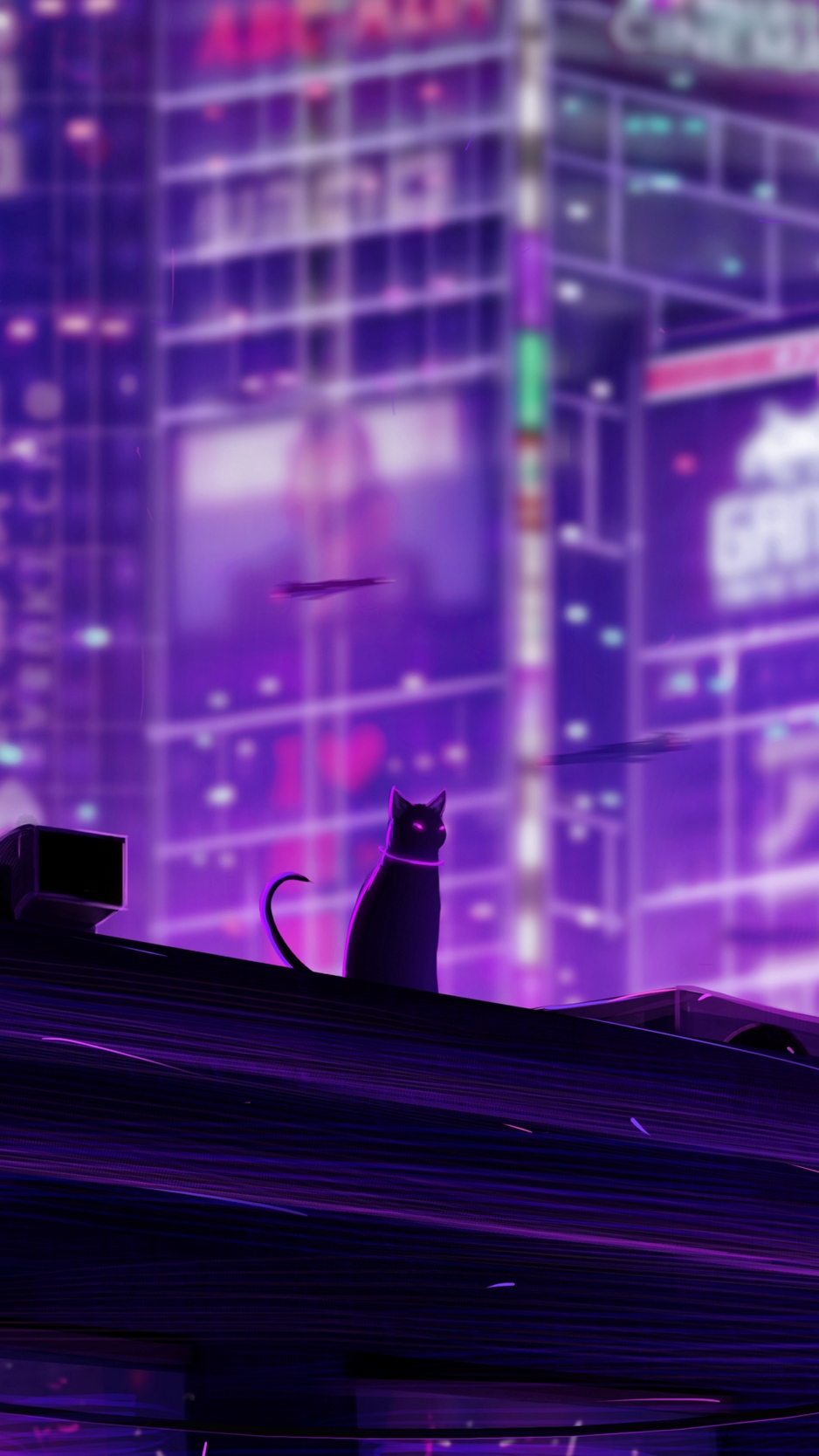 Wallpaper Cat, Roof, City, Future, Neon, Backlight - Neon City Wallpaper 4k - HD Wallpaper 