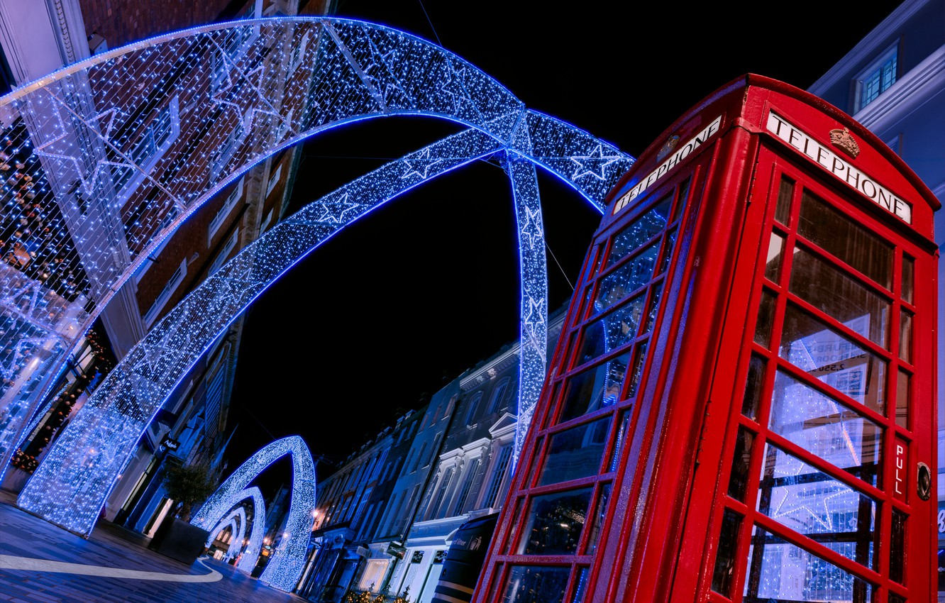 Photo Wallpaper Night, Street, Lighting, Phone Booth, - Red Telephone Box - HD Wallpaper 