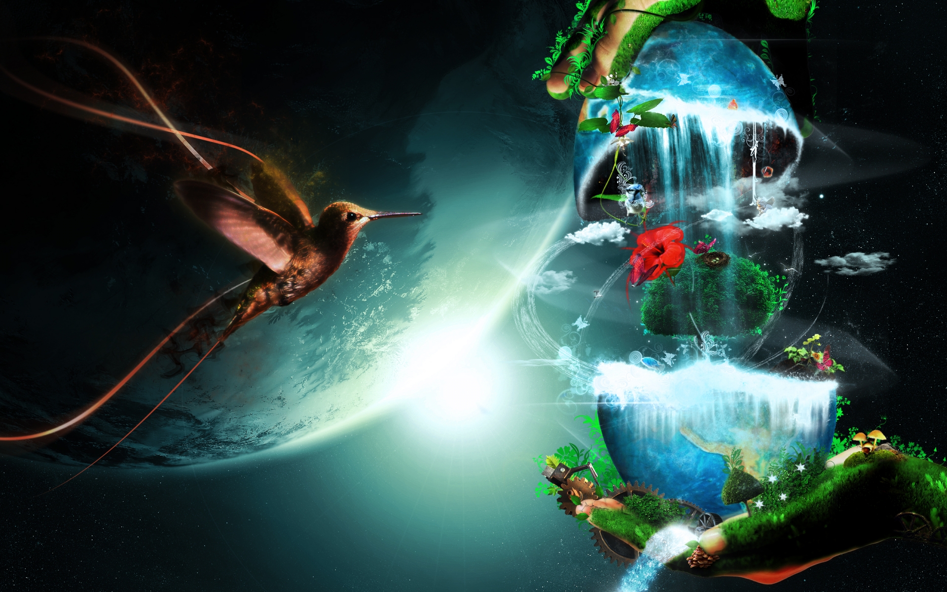 Earth Nature Planets Sci Fi Waterfall Landscapes Sun - Digital Art In Nature - HD Wallpaper 