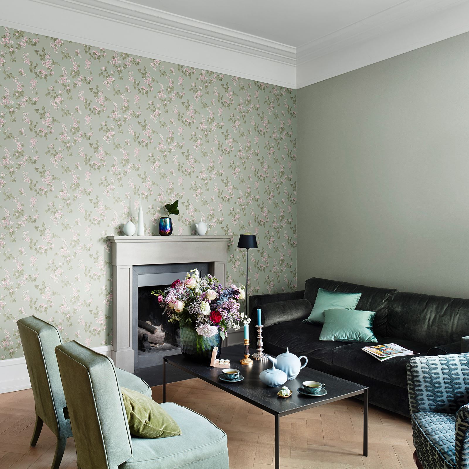 Rasch Emilia Floral Blossom Amp Rose Wallpaper Shabby - Mint Green And Green Interior Living Room - HD Wallpaper 