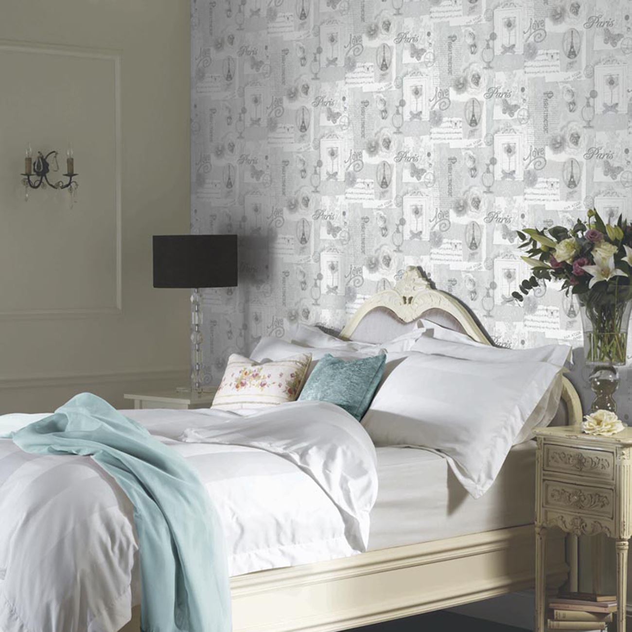 Shabby Chic Floral Wallpaper In Various Designs Wall - Grey Shabby Chic Bedroom - HD Wallpaper 