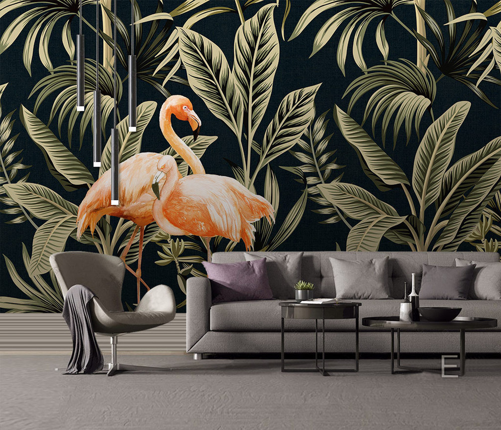Wall Mural Greater Flamingo, Flamingo And Bird - Carta Da Parati Con Fenicotteri E Foglie - HD Wallpaper 