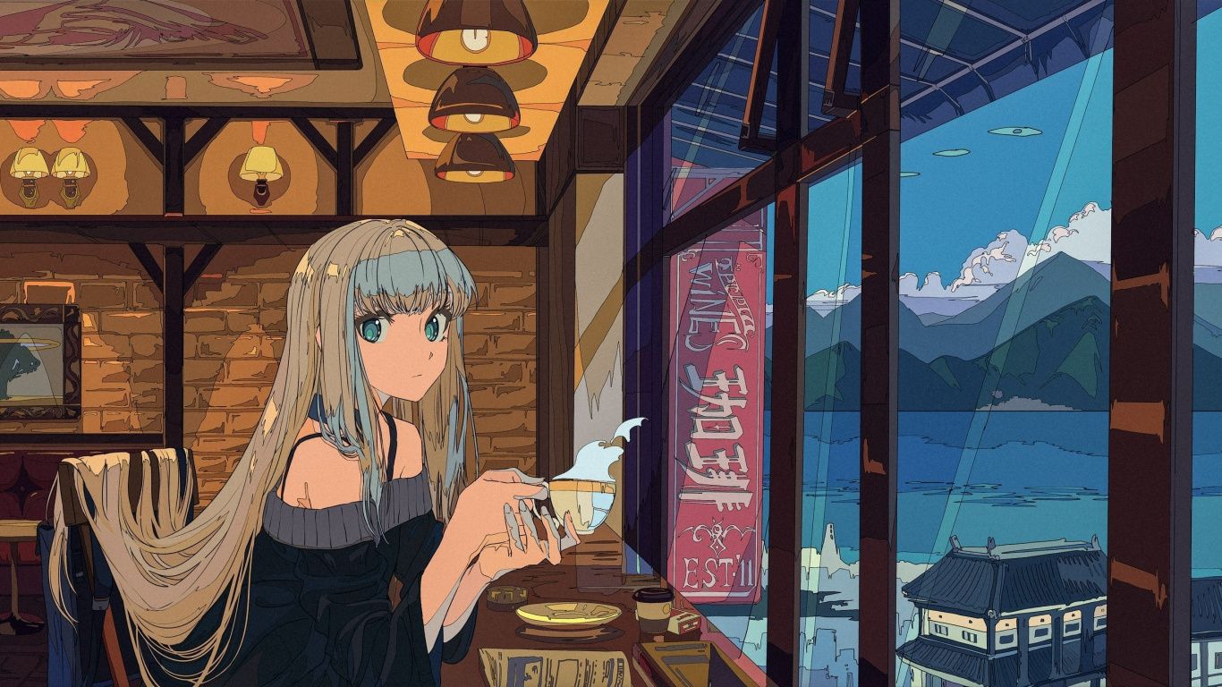 Anime Girl In Cafe - HD Wallpaper 