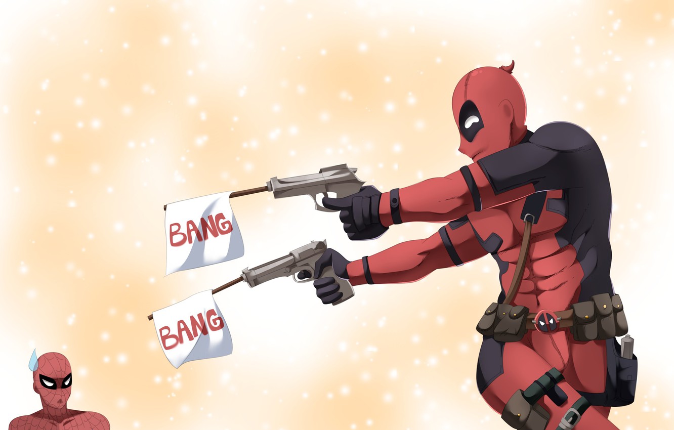 Photo Wallpaper Gun, Pistol, Weapon, Deadpool, Spider-man, - Cartoon - HD Wallpaper 