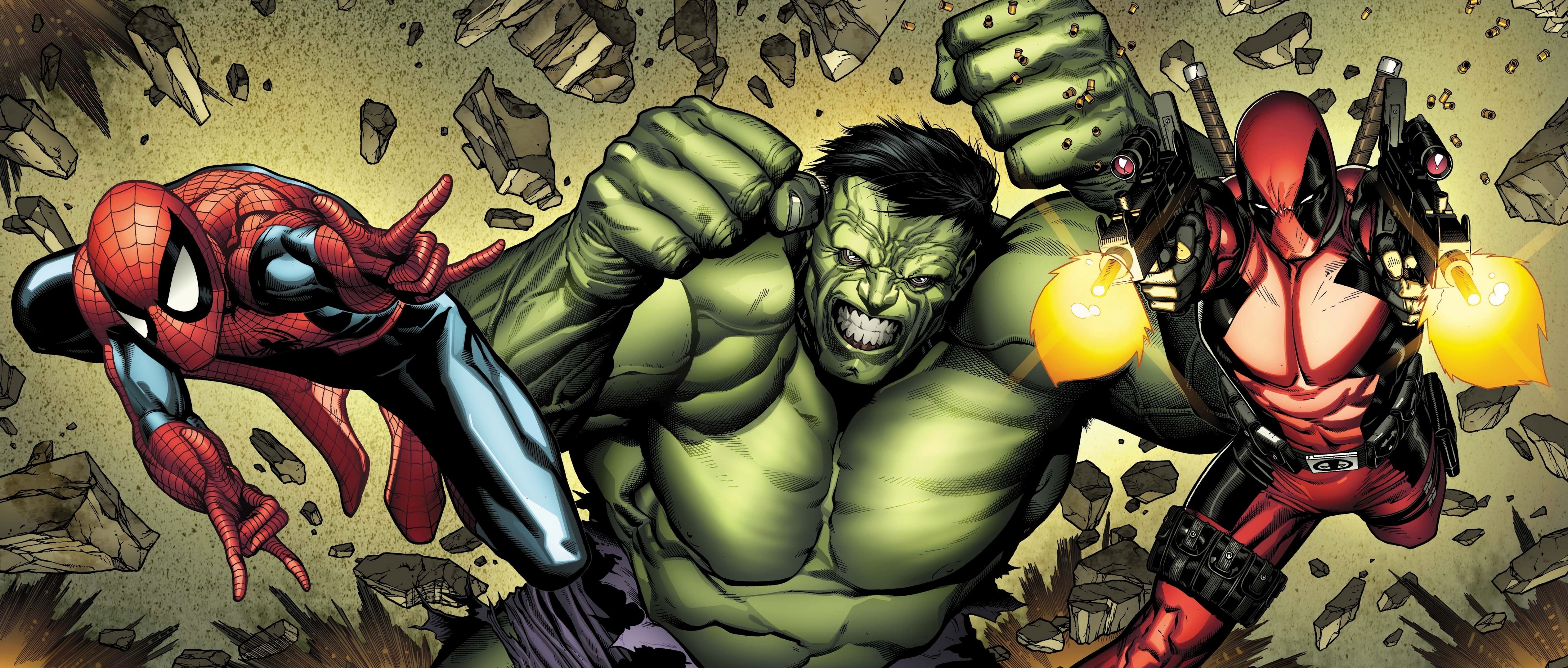 Hulk, Spider-man, Deadpool, Comics, Artwork, Marvel - Spider Man Deadpool Hulk - HD Wallpaper 