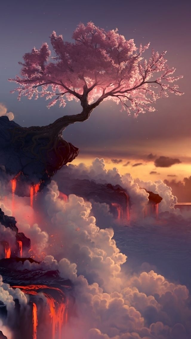 Nature Wallpaper Iphone - Pink Tree With Lava - HD Wallpaper 