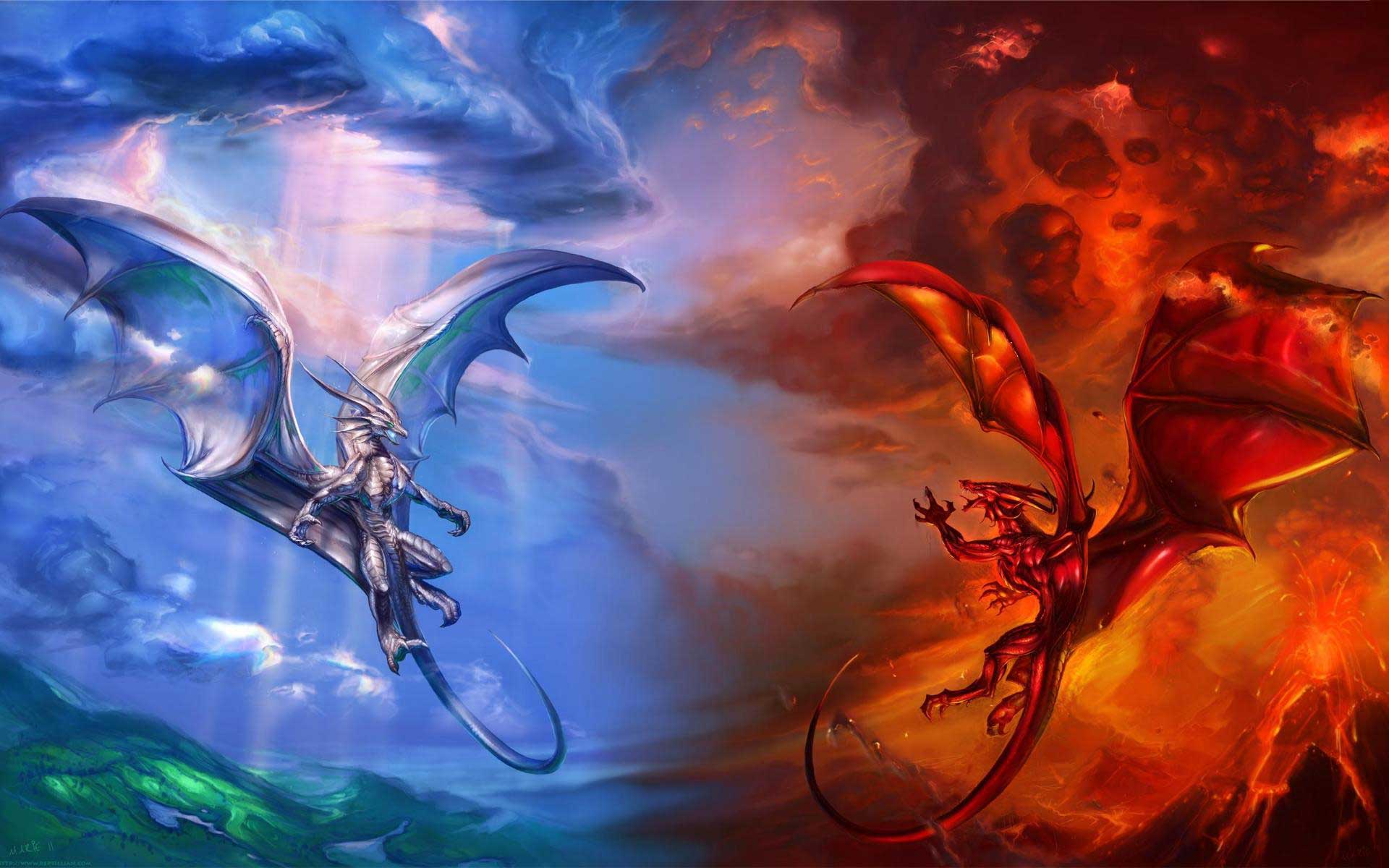 Ice And Fire Dragons Fighting - HD Wallpaper 