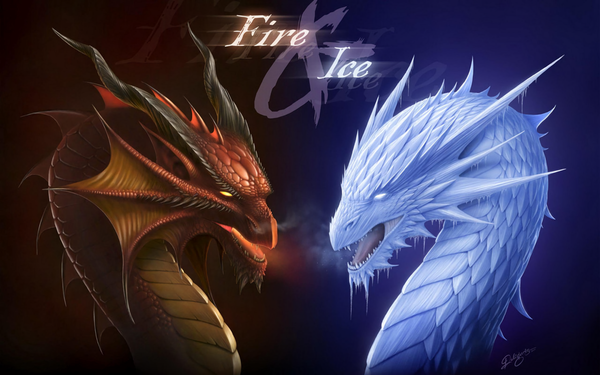 Fire And Ice Dragons Fighting - HD Wallpaper 