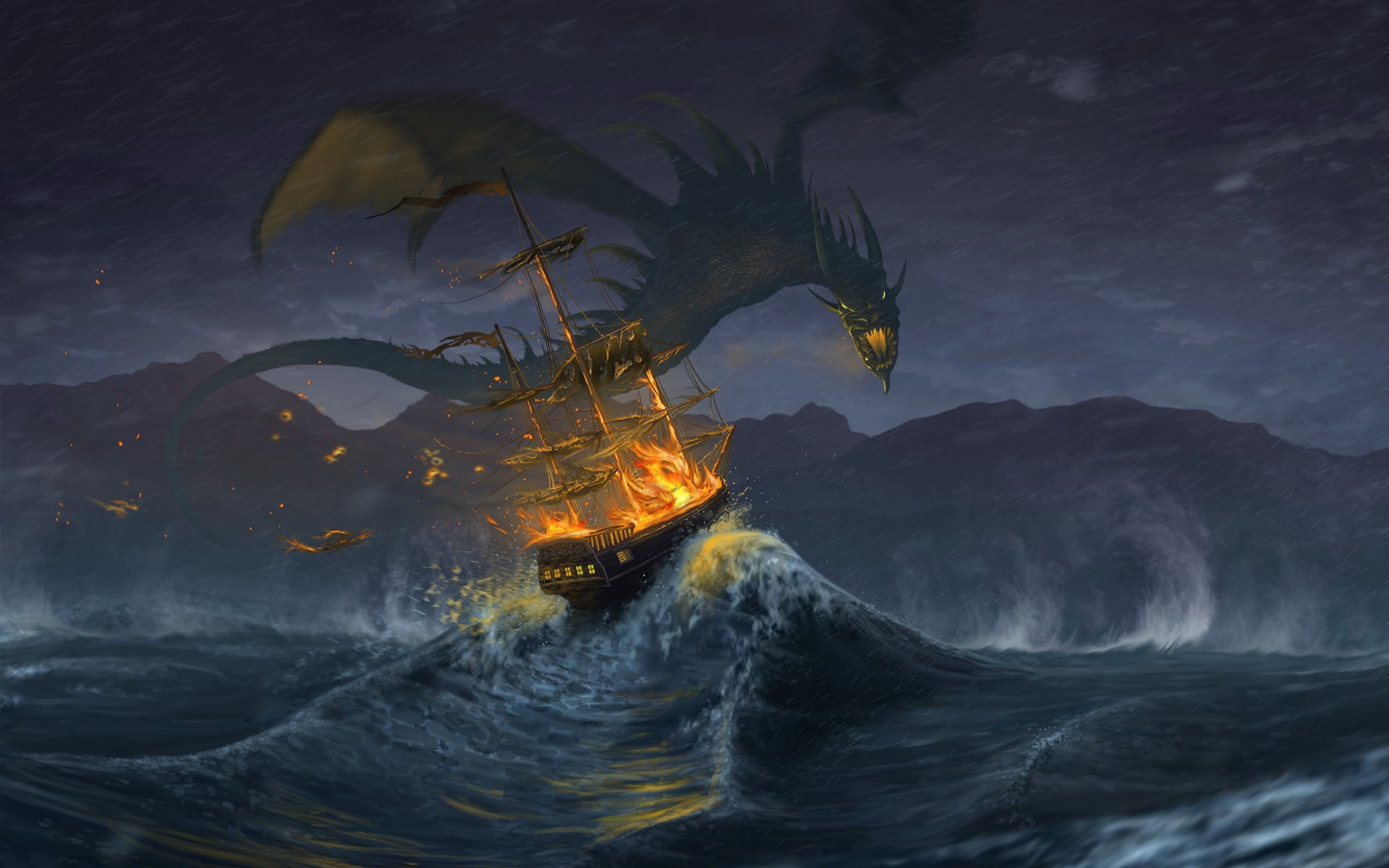 Badass Dragon Wallpaper Desktop Background On Wallpaper - Ship And Sea Monster - HD Wallpaper 