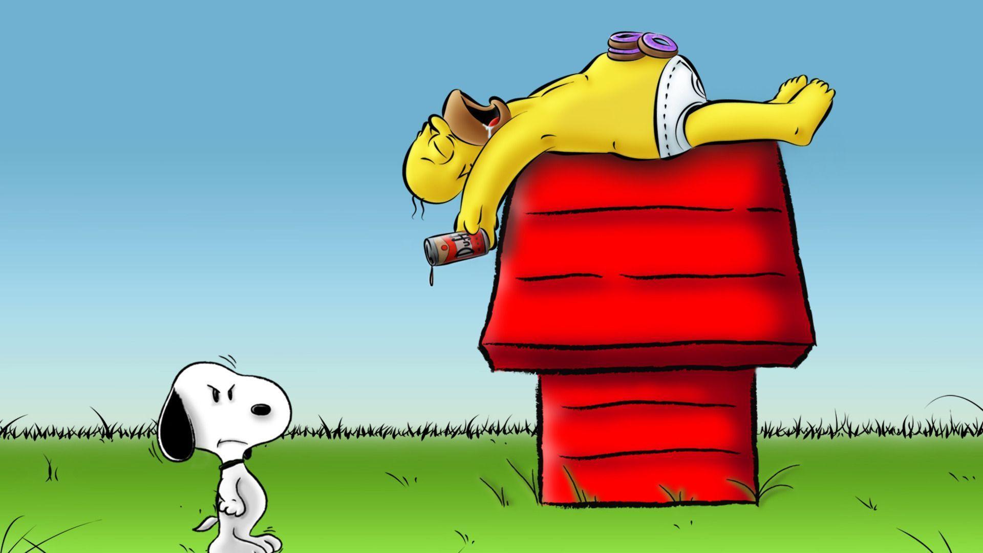 Wallpaper Homer Simpson - Snoopy And Homer Simpson - HD Wallpaper 