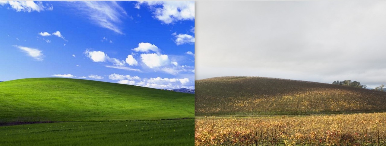 The Bliss Photo, Side By Side With The Same Location - Windows Xp Wallpaper Real Place - HD Wallpaper 