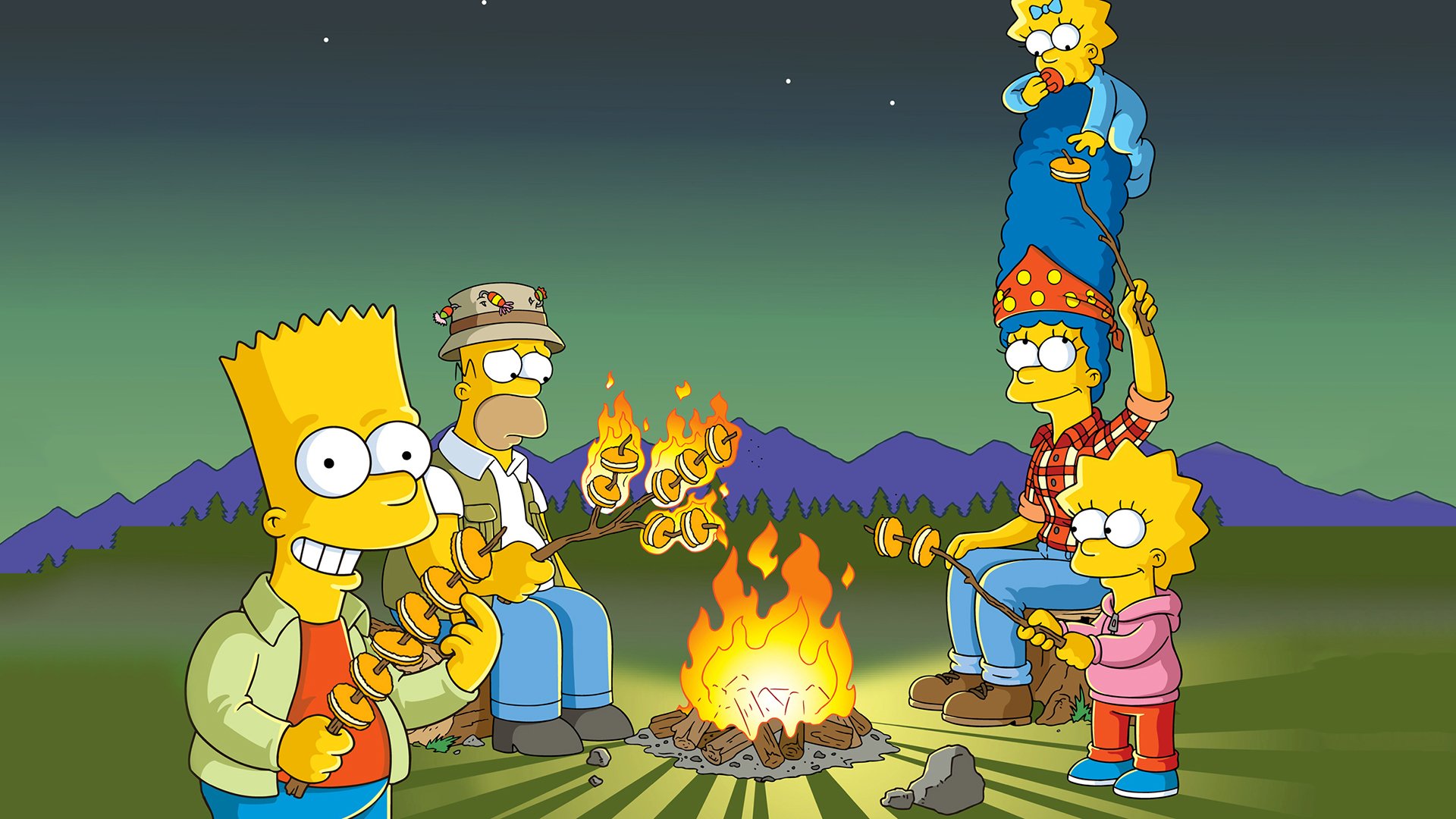The Simpsons Wallpaper Hd - Cartoon Characters Around A Campfire - HD Wallpaper 