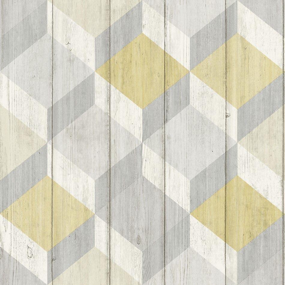 3d Cube Wood Effect Geometric Wallpaper Wooden Panel - Geometric Yellow And Grey - HD Wallpaper 