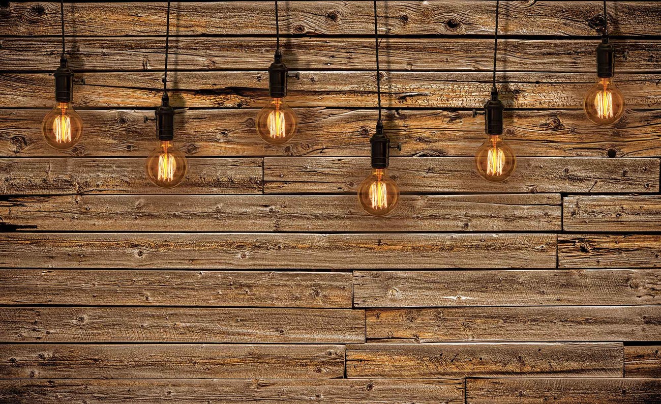 Light Bulbs Wood Plankets Wallpaper Mural - Light Bulb Wooden Wall - HD Wallpaper 