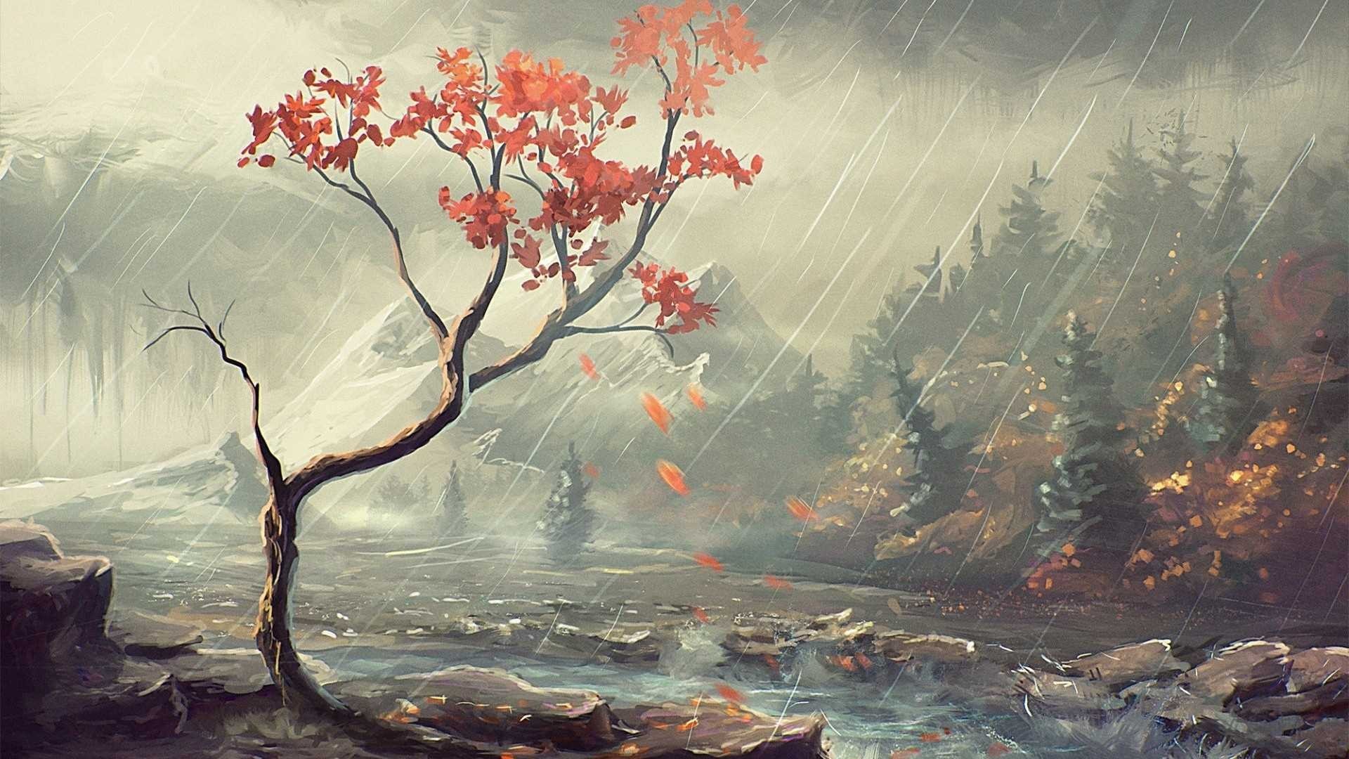 1920x1080, Japanese Art Wallpaper Beautiful Painting - Rain In Forest Painting - HD Wallpaper 