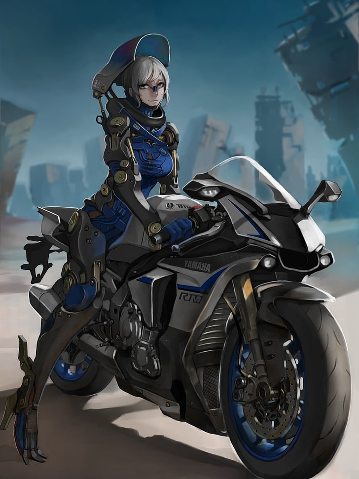 Girl Riding Gray Yamaha Sports Bike Wallpaper, Anime, - Anime Motorcycle - HD Wallpaper 