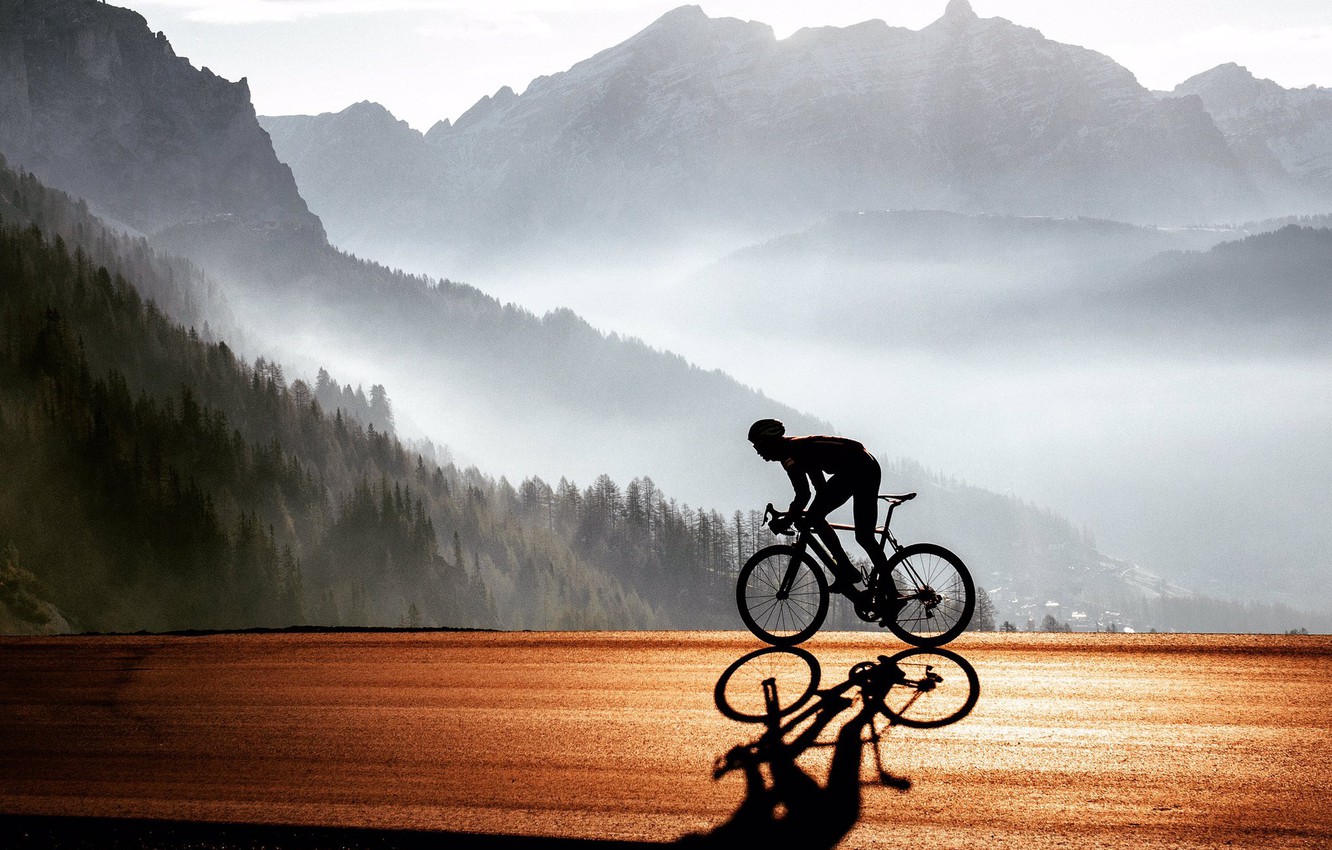 Photo Wallpaper Road, Mountains, Nature, Athlete, Cyclist, - Road Bike - HD Wallpaper 