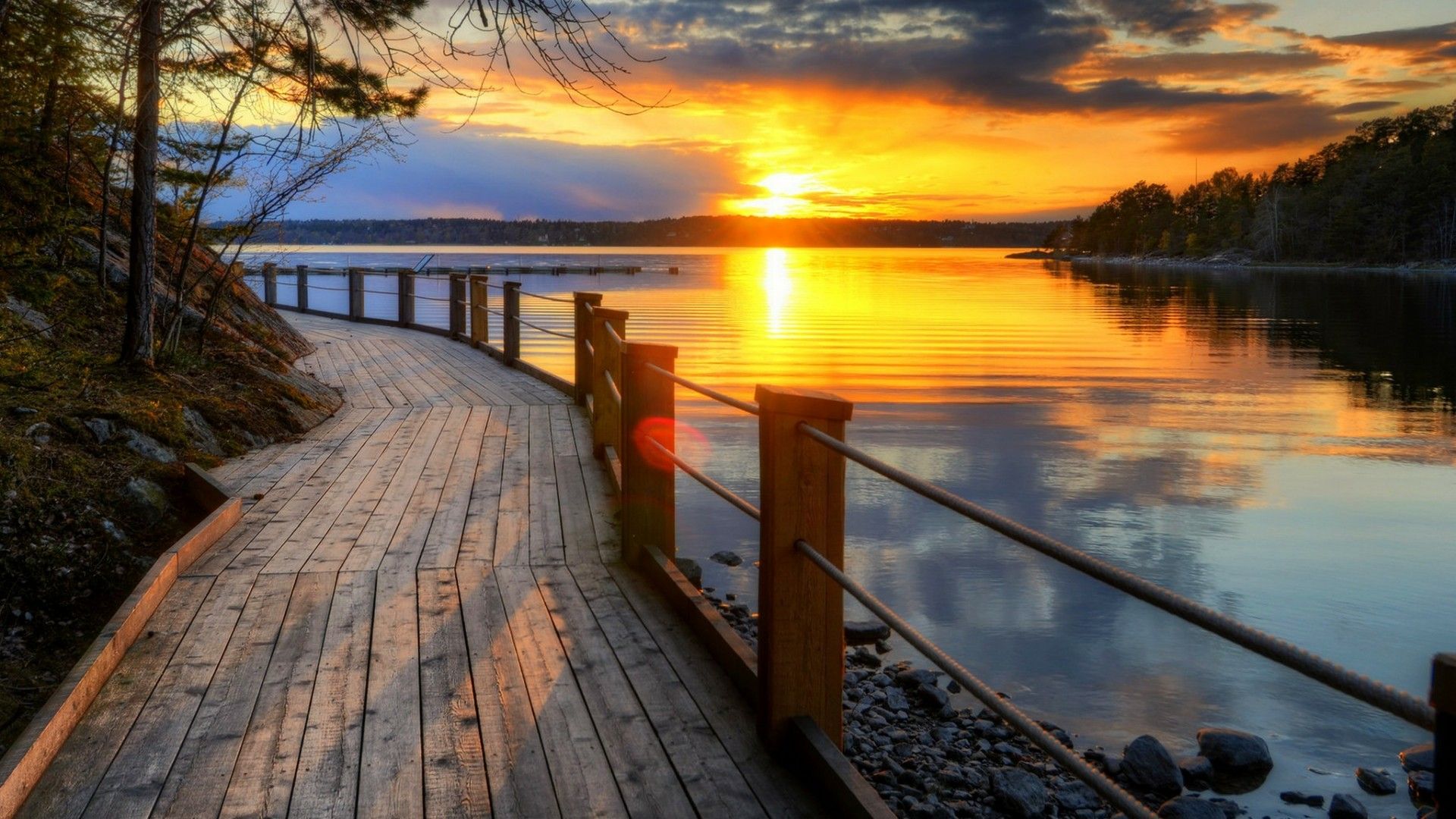Boardwalk Along The Lake At Sunset Wallpaper - Lake Sunset - HD Wallpaper 