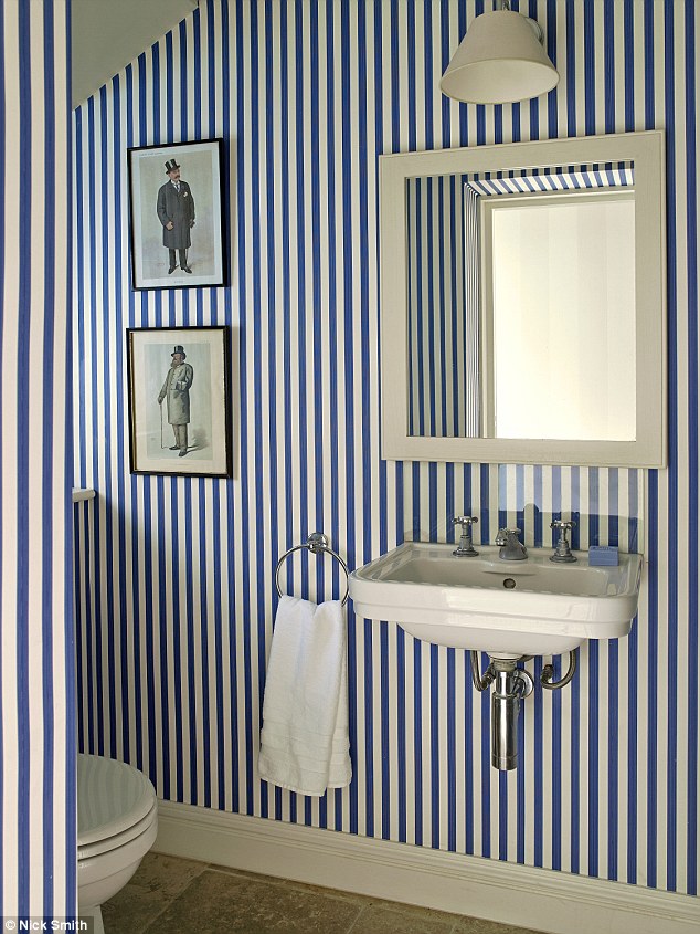 Daring Walls Work In This Small Space Designed By Claire - Blue Striped Wallpaper And Room - HD Wallpaper 