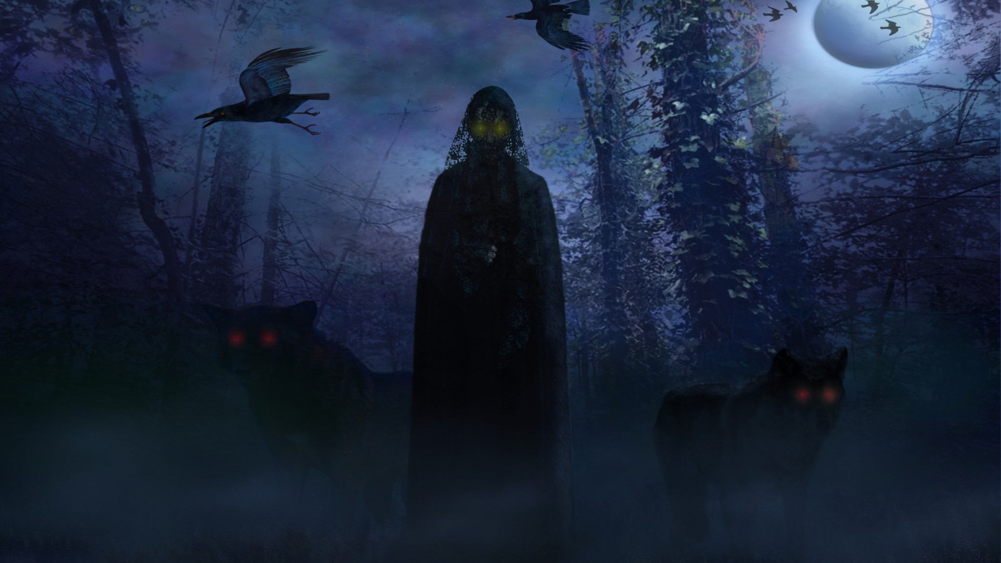 Dark Horror Fantasy Demon Evil Occult Wolf - Dark Forest With Wolf - HD Wallpaper 