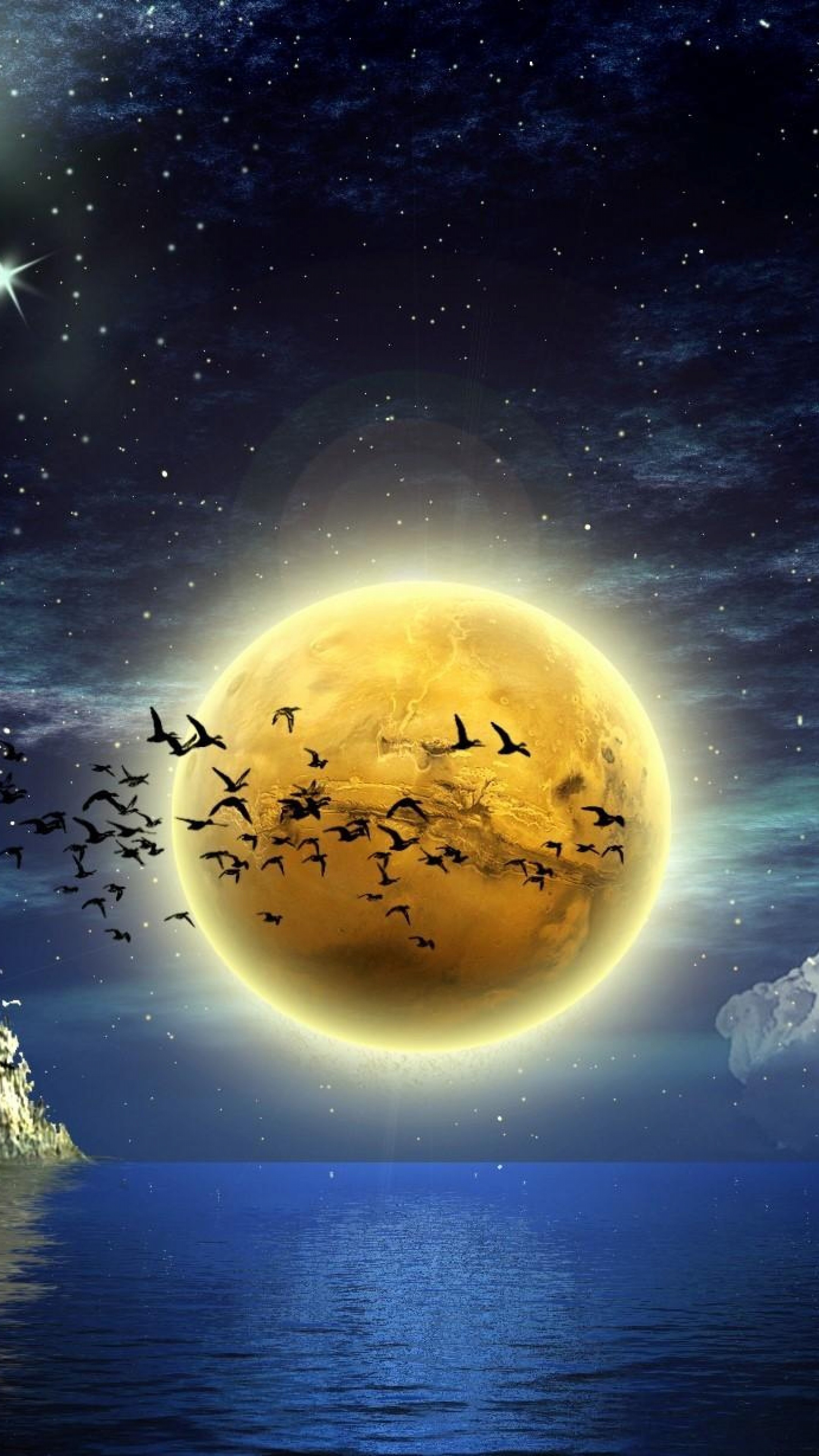 Download Wallpaper Moon, Birds, Boats, Water, Castle, - Background Phone Full Hd - HD Wallpaper 