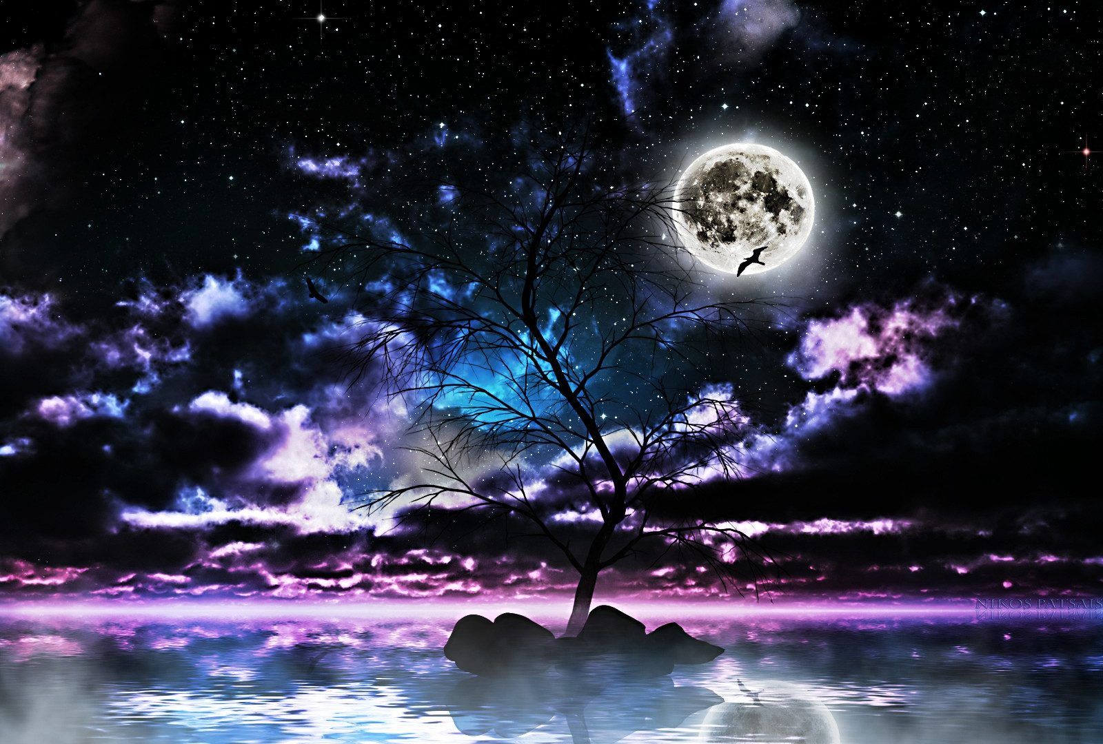 Sea Tree Sorrow Sky Clouds Stars Moon Ocean Live Wallpaper - Moon And Stars And Sea - HD Wallpaper 