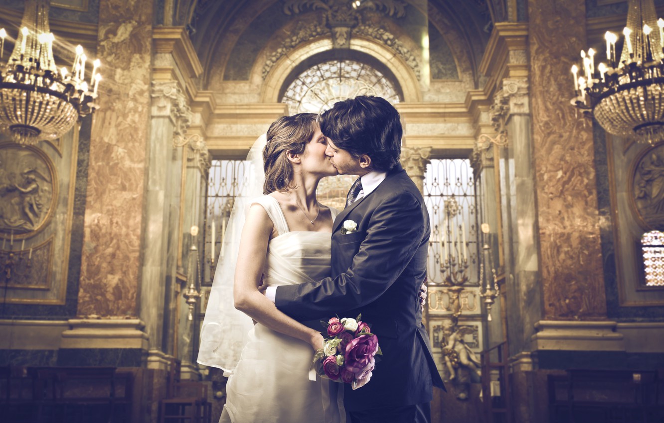 Photo Wallpaper Girl, Love, Joy, Kiss, Bouquet, Dress, - Wedding Church - HD Wallpaper 