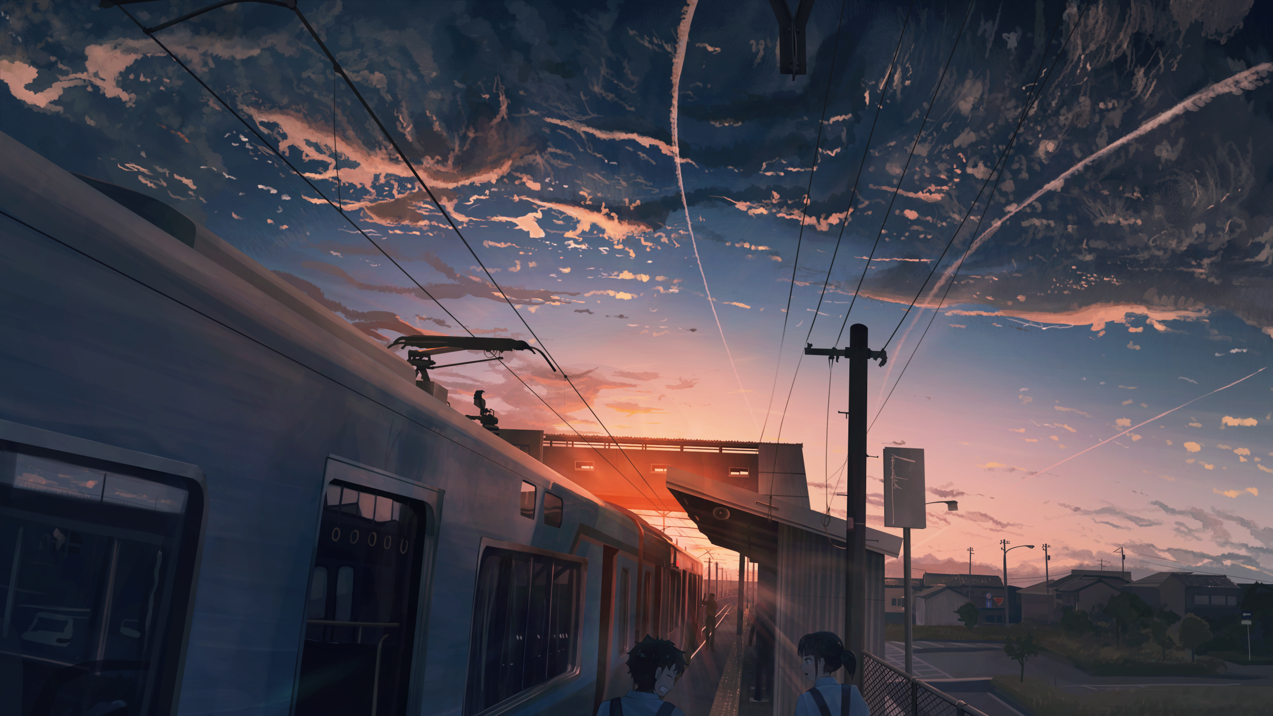 Anime Landscape, Sunset, Train, Clouds, Scenic, Fence - Anime Wallpaper  Train - 2560x1440 Wallpaper 