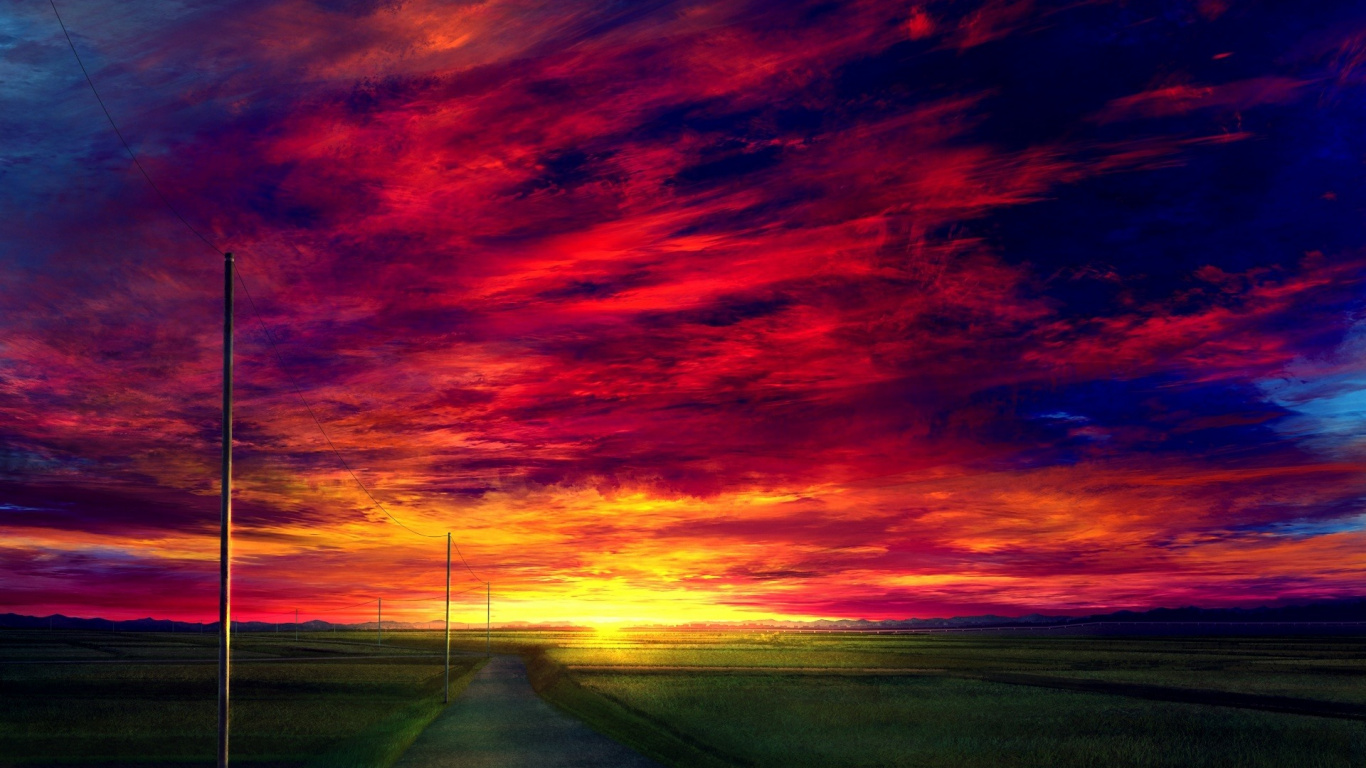 Sunset, Road, Landscape, Anime, Clouds, Wallpaper - Anime Landscape - HD Wallpaper 