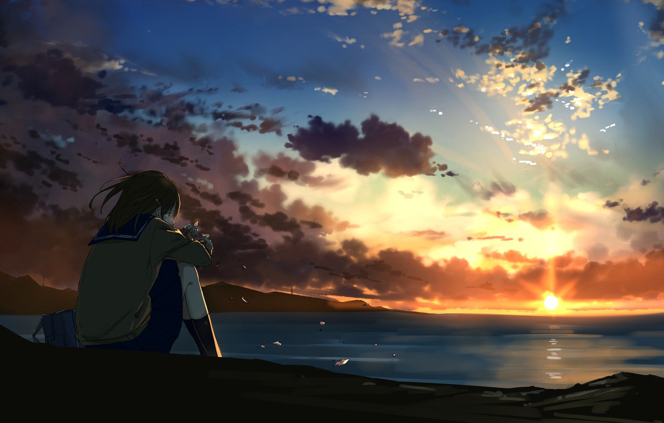 Photo Wallpaper Sunset, Anime, Art, Girl, Sitting - Girl Lonely And Crying - 1332x850 Wallpaper Photo Wallpaper Sunset, Anime, Art, Girl, Sitting - Girl Lonely And Crying - 1332x850 Wallpaper