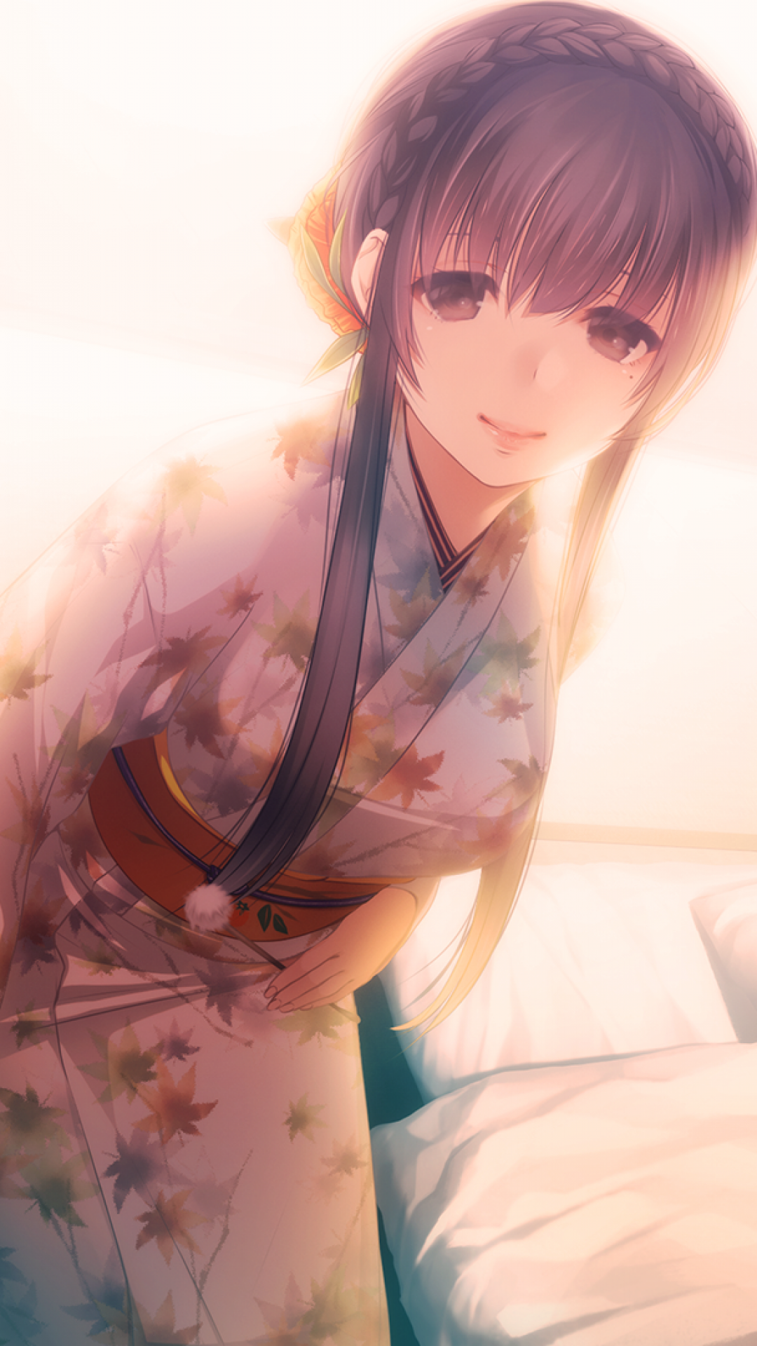 Anime Girl, Kimono, Gentle Smile, Braid, Room - Anime Girl One Braids - HD Wallpaper 