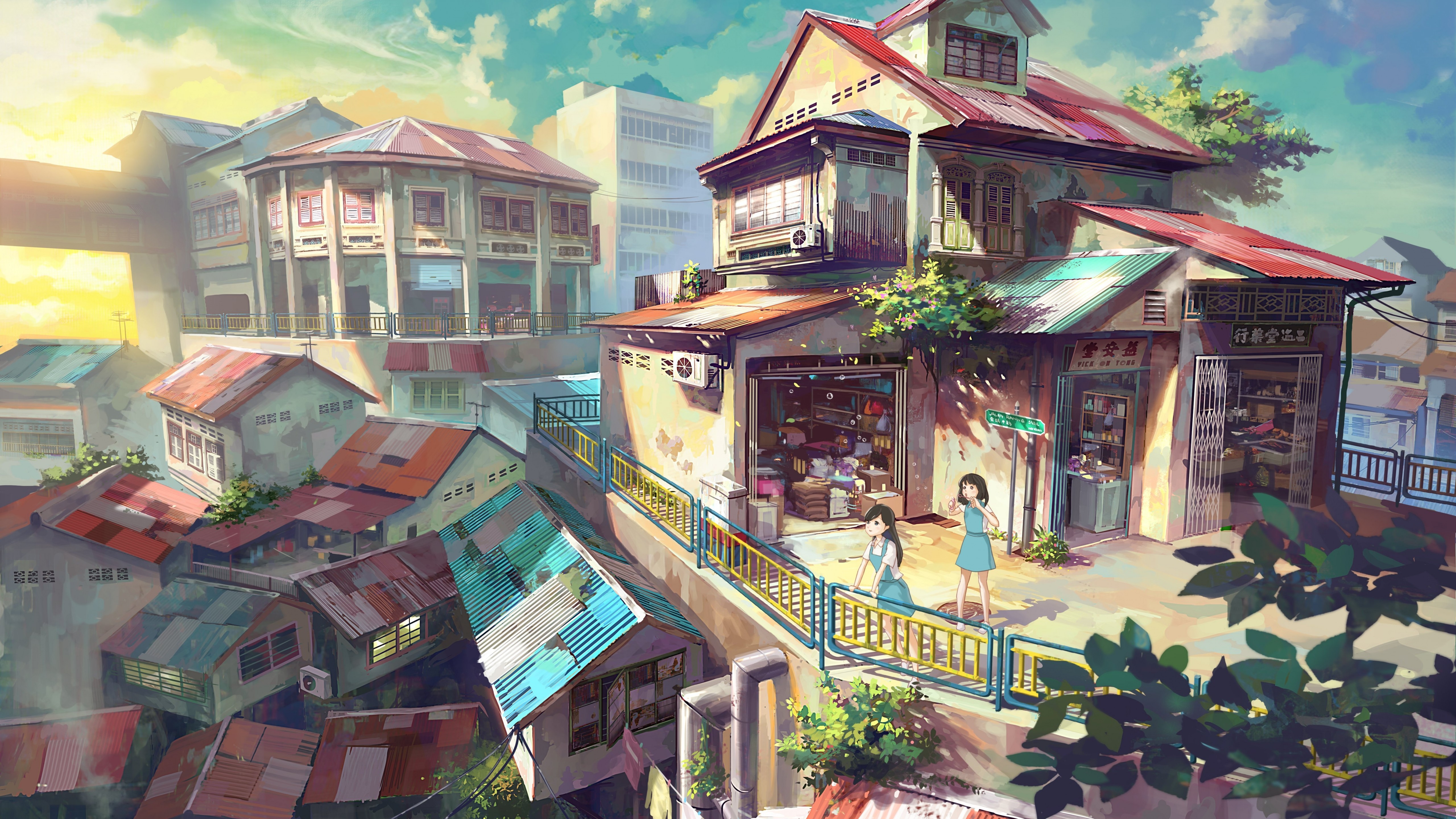 Anime Buildings, Summer, Girls, Clouds, Artwork, Sunset, - Scenery Anime Wallpaper For Desktop - HD Wallpaper 