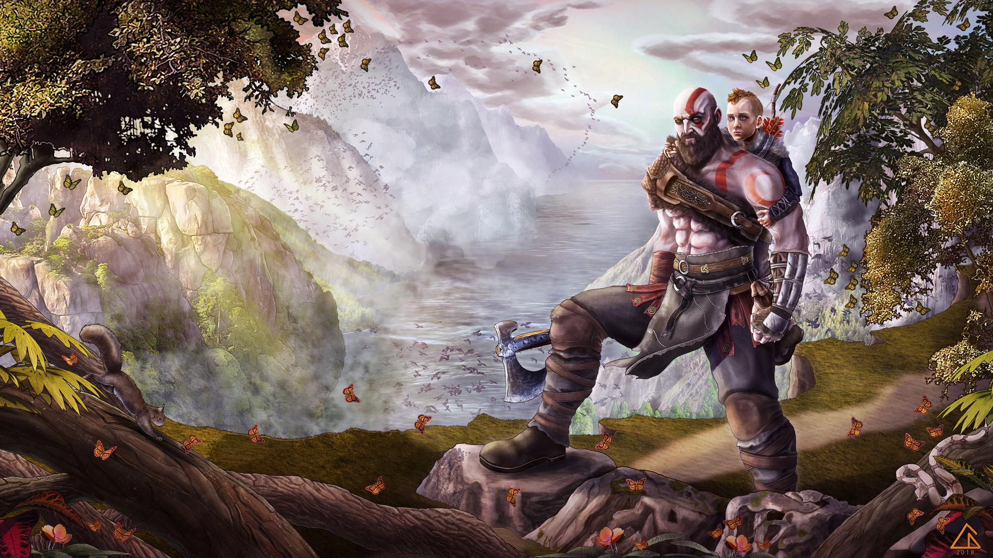 Kratos Atreus Fan Art - HD Wallpaper 