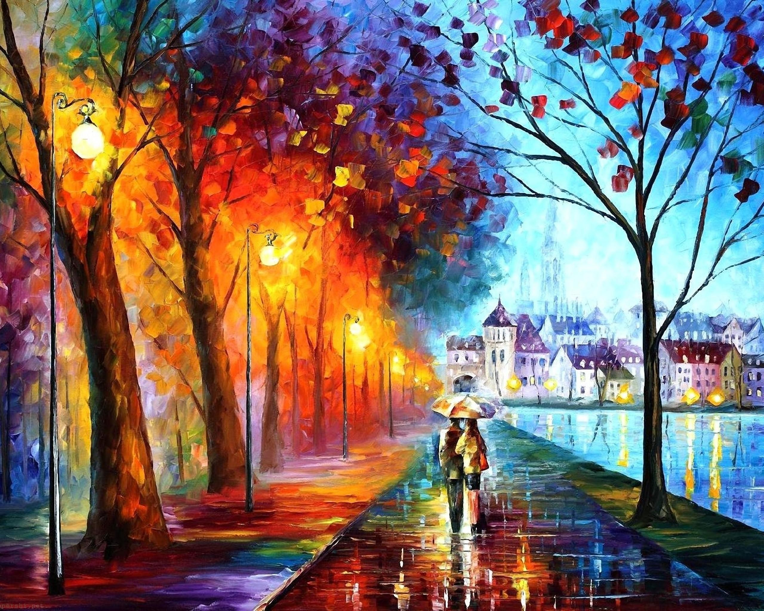 Love, Trees, Rain, Couple, Paintwork, Park - City By The Lake - Palette Knife Oil Painting On Canvas - HD Wallpaper 
