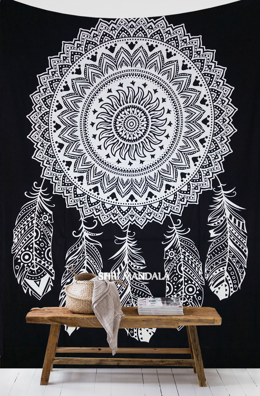 Black & White Dream Catcher Mandala Wall Hanging Tapestry - Dreamcatcher Mandala Tapestry - HD Wallpaper 